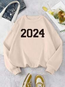 SHEIN LUNE 数码印花保暖热衬里运动衫 - 卡其色 - 查看 2