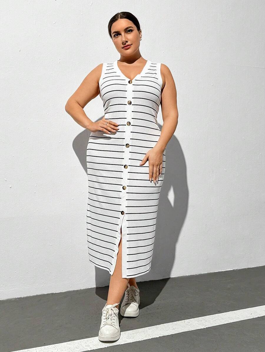 SHEIN Essnce Vestido de verano con botones delanteros y rayas en tallas grandes - Blanco y Negro - Ver 1