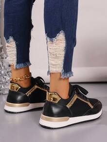 Ladies' Lace-Up Solid Color Flat Casual Shoes With Patchwork Design - Black - View 2