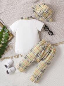 嬰兒男寶寶格紋紳士風優雅套裝 - 棕色 - 查看 2