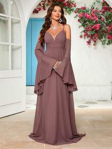 UNITHORSE Off-Shoulder Flare Sleeve Solid Color Bridesmaid Dress - Dusty Pink - View 6