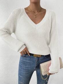 EMERY ROSE Áo len dệt kim tay raglan trơn, áo len dài tay kiểu chui đầu mùa thu đông. - trắng - Xem 3