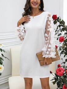 SHEIN LUNE 女性休閒網紗燈籠袖連心形裝飾連衣裙 - 白色 - 查看 3