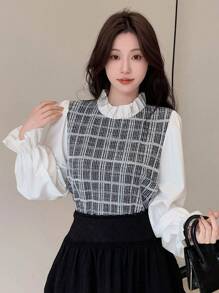 DAZY Của phụ nữ Kẻ sọc Tay áo xù Áo sơ mi - Xám - Xem 1