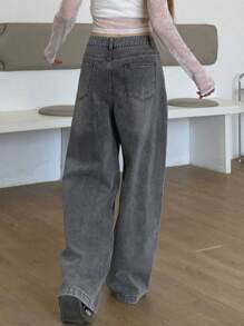 DAZY 水洗阔腿牛仔裤、宽松牛仔裤、返校服 - 淺灰色 - 查看 2