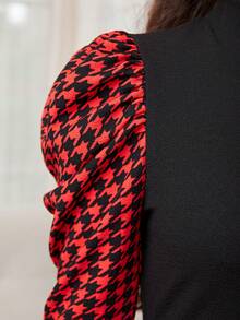 SHEIN 青少女毛線拼接大腳骨圖案立領泡泡袖休閒裙,無腰帶 - 酒紅色 - 查看 5