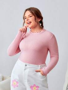 SHEIN EZwear 加大碼純色荷葉邊長袖t恤 - 彩色 - 查看 11