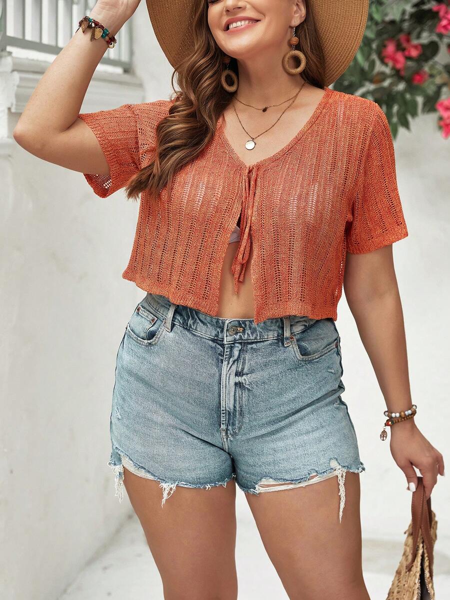 SHEIN VCAY Kích thước lớn Màu thuần Self Tie Quần skinny Lễ tình nhân Áo len Mở , Bãi biển mùa hè Áo len Mở - trái cam - Xem 1