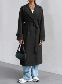 SHEIN Unity 女性翻領雙排扣風衣 - 黑色 - 查看 6