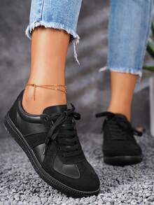 女款黑色德迅鞋平底復古時尚休閒百搭運動鞋 - 黑色 - 查看 1