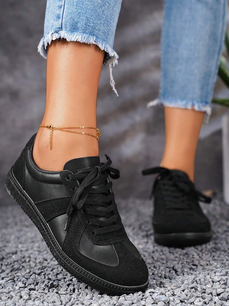 女款黑色德迅鞋平底復古時尚休閒百搭運動鞋 - 黑色 - 查看 1