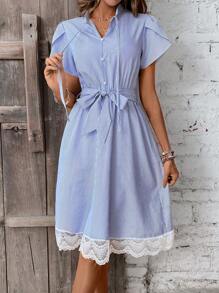 SHEIN Frenchy 女性直條紋襯衫連衣裙 - 淺藍色 - 查看 1