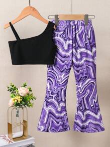 SHEIN Bé gái Đẹp , Thanh lịch , Thoải mái , Và Áo ba lỗ Với Đá hoa In Quần loe Hai chiếc Bộ Cho mùa hè - màu đen - Xem 1