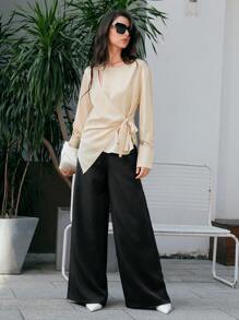 Anewsta 女士裹身領帶上衣 - 杏色 - 查看 6