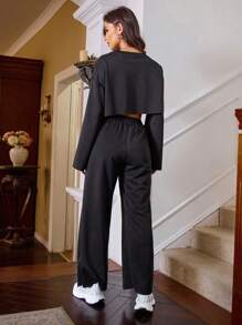 SHEIN Unity Women's Round Neck Drop Shoulder Long Sleeve Top And Pants Set - Black - View 2