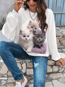 SHEIN LUNE Sudadera informal de cuello redondo y ajuste holgado con estampado de animales para mujer con hombros caídos - Blanco - Ver 6