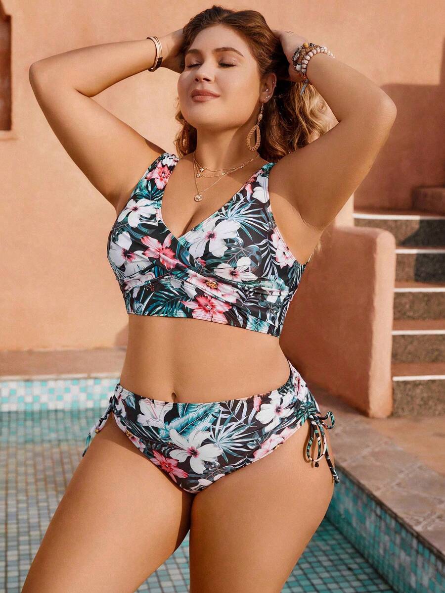 Swim Lushoire Bộ bikini dây rút bên hông in họa tiết nhiệt đới cỡ lớn đi biển mùa hè - Nhiều màu - Xem 1