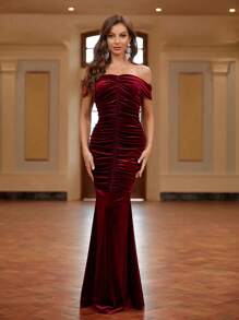 SHEIN Belle Off Shoulder Xù Nàng tiên cá Hem Ăn mặc trang trọng - Màu Đỏ Sâu - Xem 7