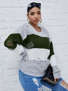 Calvaya Women's Plus Size Color Block Distressed Round Neck Sweater Knit Pullover Fall Winter - Multicolor - View 5