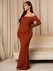 SHEIN Maternity Off Shoulder Long Sleeve Bodycon Dress - Rust Brown - View 5
