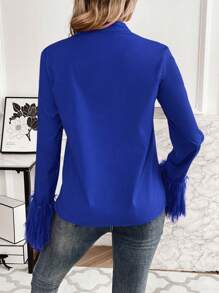 SHEIN Clasi 女式毛茸茸拼布百褶襯衫 - 藍色 - 查看 2