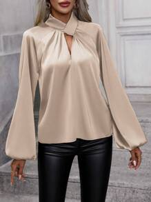 SHEIN Clasi Blusa De Manga Farol Con Cuello De Cerradura - Albaricoque - Ver 4