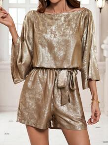 Zolique Con thuyền Đường viền cổ áo Dây thắt lưng Áo liền quần - Vàng - Xem 4