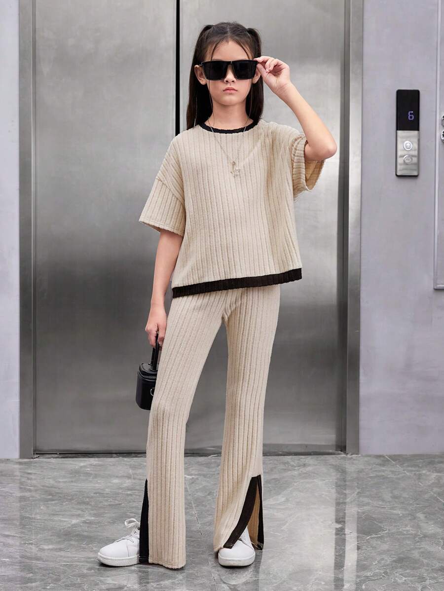 SHEIN Cô gái Tween Lỏng lẻo phù hợp Giải trí Màu sắc Chặn Áo thun Và Viền chia cắt Quần Bộ - Màu be - Xem 1