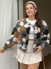 SHEIN EZwear Kích thước lớn Của phụ nữ Thêu hoa Áo khoác - Màu xám đen - Xem 3