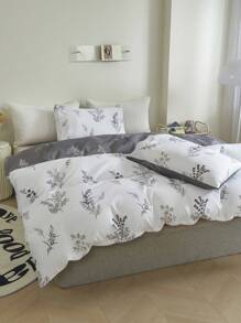 3pcs/Set Gray And White Botanical Floral Pattern Printed Bedding Set