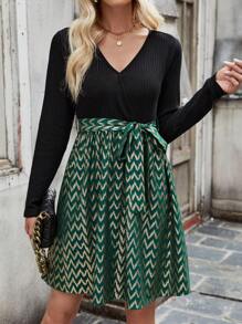 SHEIN LUNE 女式人字紋拼布腰帶連身裙 - 彩色 - 查看 6