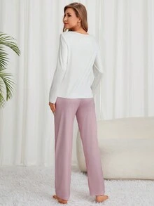 Lá thư & Tim In Áo thun Và Bowknot Chi tiết Dài Quần Bộ mặc nhà - Nhiều màu - Xem 2