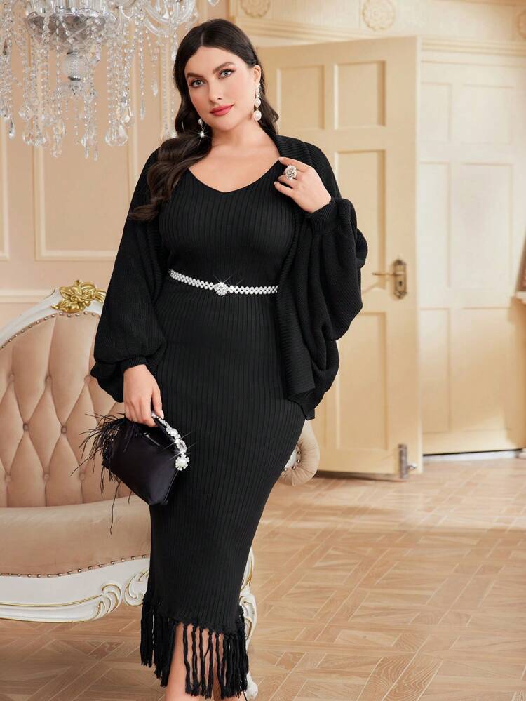 Plus Size Women'S Lantern Sleeve Cardigan And Sleeveless Sweater Dress Set 2 Piece Set