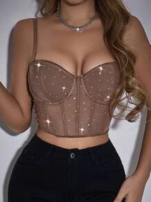 Allurite Top De Camisola De Malla Con Diamantes De Imitación - Marrón - Ver 3