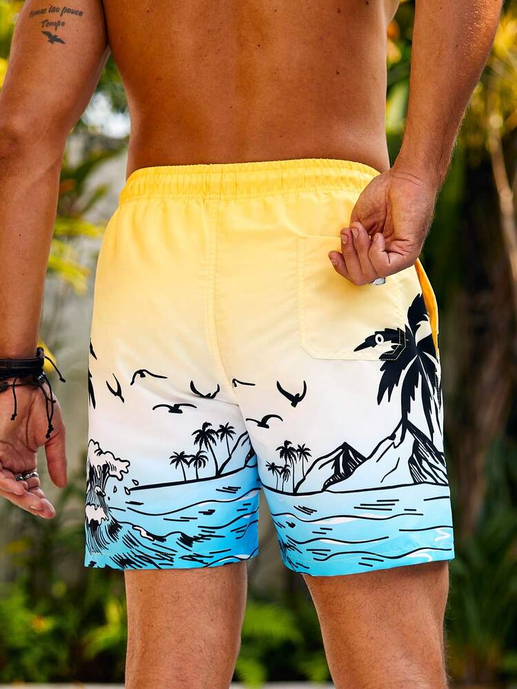 Men'S Seaside Print Drawstring Board Shorts