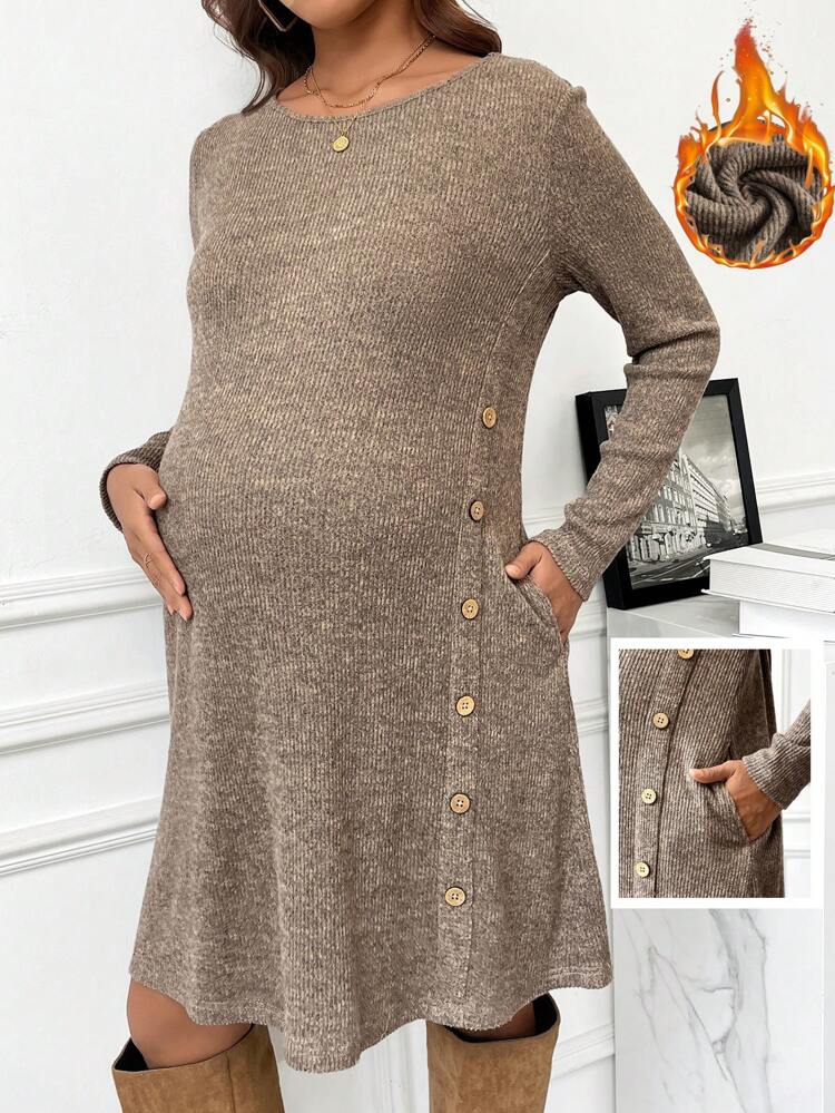 Button Decorated Long Sleeve Knitted Maternity Dress