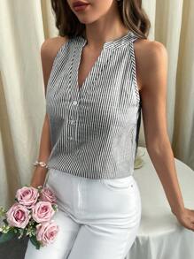 SHEIN Essnce Women's Vertical Striped Notched Collar Shirt - Black - View 4