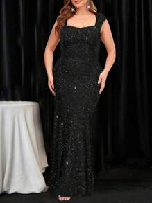 SHEIN Belle 大码闪亮美人鱼尾裙晚礼服长款女装 - 黑色 - 查看 5