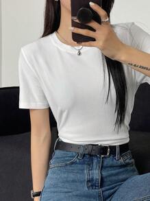 DAZY Basic Round Neck Solid Color Short Sleeve T-Shirt For Women - White - View 3