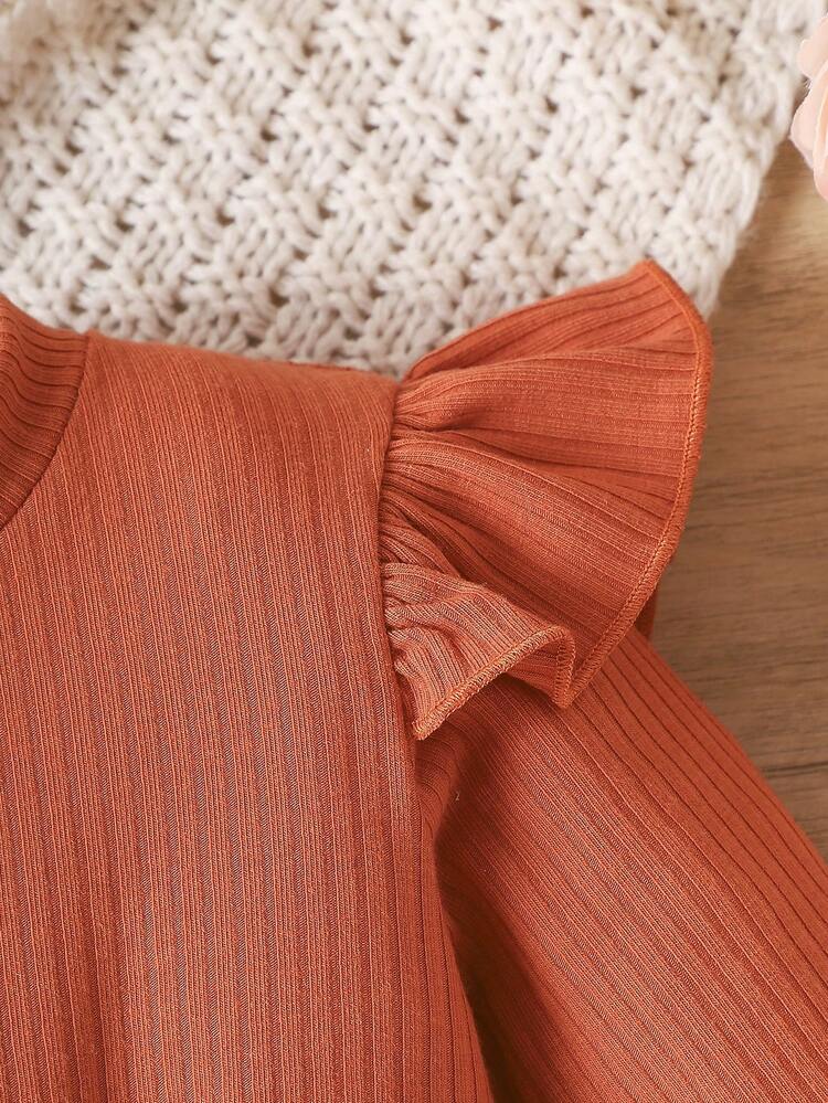 Baby Girls' Ruffle Trimmed Long Sleeve T-Shirt, Plaid Skirt, And Waist Bag Outfit Set