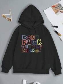 SHEIN EZwear 印有口號的連帽衫 - 黑色 - 查看 3