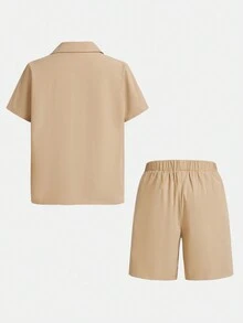 男童寬鬆披肩領短袖梭織西裝外套與短褲套裝 - 卡其色 - 查看 2