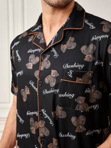 男款卡通熊印花短袖家居服套裝 - 黑色 - 查看 4