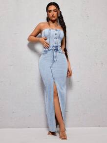 SHEIN ICON Strapless High Slit Denim Dress With Stone Wash - Light Wash - View 6