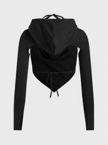 SHEIN ICON 鏤空細節結飾露背連帽衫上衣 - 黑色 - 查看 7