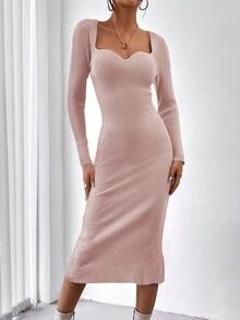 EURMUSE Cổ Trái tim Tay Raglan Đầm Áo len - Hồng - Xem 5