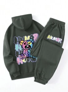 SHEIN EZwear 熊和字母圖案抽繩加絨內裏連帽衫和運動褲 - 深灰色 - 查看 1