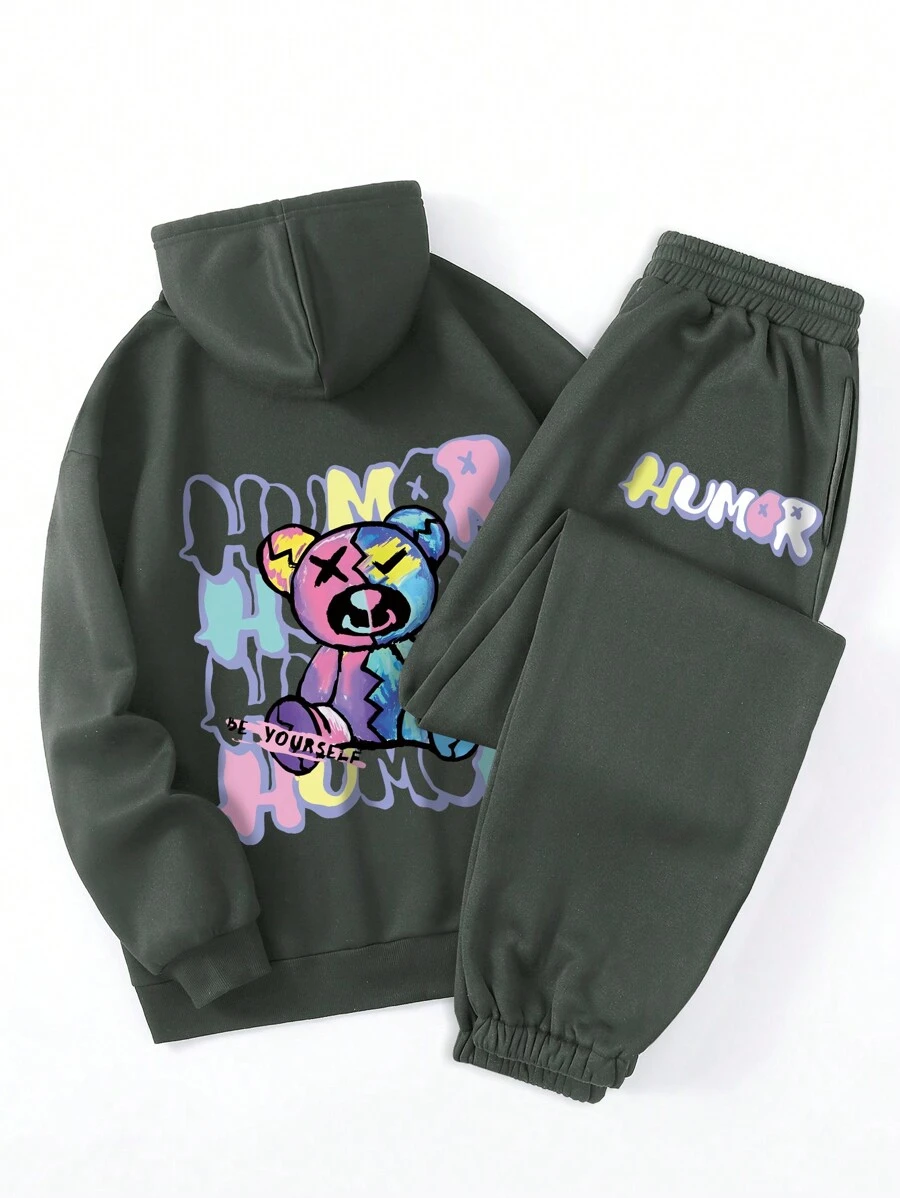 SHEIN EZwear 熊和字母圖案抽繩加絨內裏連帽衫和運動褲 - 深灰色 - 查看 1