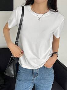 DAZY Basic Round Neck Solid Color Short Sleeve T-Shirt For Women - White - View 5