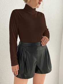 SHEIN Essnce 女裝加大號長袖立領t恤 - 咖啡棕 - 查看 4